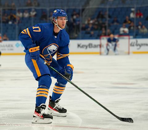 BUFFALO, NY – FEBRUARY 17: Mark Jankowski #17 of the Buffalo Sabres during the game against the Ottawa Senators at KeyBank Center on February 17, 2022 in Buffalo, New York. (Photo by Kevin Hoffman/Getty Images)