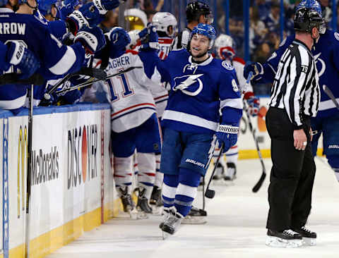 TAMPA, FL – MAY 6: Tyler Johnson #9 of the Tampa Bay Lightning celebrates his goal against the Montreal Canadiens in Game Three of the Eastern Conference Semifinals during the 2015 NHL Stanley Cup Playoffs at Amalie Arena on May 6, 2015 in Tampa, Florida. (Photo by Mike Carlson/Getty Images)