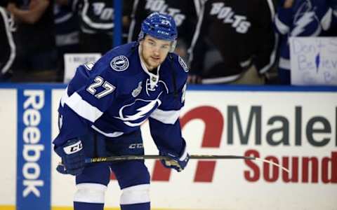 Jun 6, 2015; Tampa, FL, USA; Tampa Bay Lightning left wing Jonathan Drouin (27) works out prior to the game two of the 2015 Stanley Cup Final at Amalie Arena. Mandatory Credit: Kim Klement-USA TODAY Sports