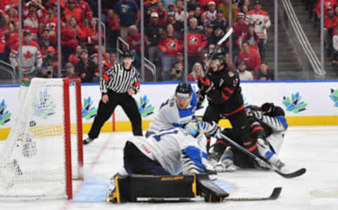 EDMONTON, AB – AUGUST 20: Kent Johnson #13 of Canada scores the game winning goal on Juha Jatkola #31 of Finland in the IIHF World Junior Championship on August 20, 2022 at Rogers Place in Edmonton, Alberta, Canada (Photo by Andy Devlin/ Getty Images)