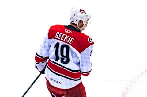 ROSEMONT, IL – JUNE 08: Charlotte Checkers center Morgan Geekie (19) celebrates his goal in the second period during game five of the AHL Calder Cup Finals between the Charlotte Checkers and the Chicago Wolves on June 8, 2019, at the Allstate Arena in Rosemont, IL. (Photo by Patrick Gorski/Icon Sportswire via Getty Images)