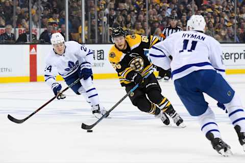 BOSTON, MA – APRIL 14: David Pastrnak #88 of the Boston Bruins skates with the puck against the Toronto Maple Leafs during the First Round of the 2018 Stanley Cup Playoffs at the TD Garden on April 14, 2018 in Boston, Massachusetts. (Photo by Brian Babineau/NHLI via Getty Images) *** Local Caption *** David Pastrnak