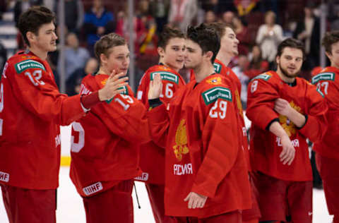 VANCOUVER, BC – JANUARY 5: Kirill Slepets #29 of Russia celebrates with his teammates after being named the player of the game in the Bronze Medal game of the 2019 IIHF World Junior Championship against Switzerland on January, 5, 2019 at Rogers Arena in Vancouver, British Columbia, Canada. (Photo by Rich Lam/Getty Images)