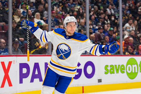 Mar 20, 2022; Vancouver, British Columbia, CAN; Buffalo Sabres forward Jeff Skinner (53) celebrates his goal against the Vancouver Canucks in the second period at Rogers Arena. Mandatory Credit: Bob Frid-USA TODAY Sports