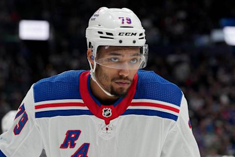 COLUMBUS, OHIO - APRIL 08: K'Andre Miller #79 of the New York Rangers look son during the second period against the Columbus Blue Jackets at Nationwide Arena on April 08, 2023 in Columbus, Ohio. (Photo by Jason Mowry/Getty Images)