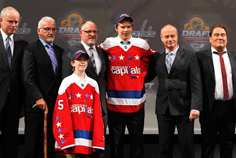 SUNRISE, FL – JUNE 26: Ilya Samsonov poses with members of the Washington Capitals for a group photo after being selected 22nd overall by the Washington Capitals during Round One of the 2015 NHL Draft at BB&T Center on June 26, 2015 in Sunrise, Florida. (Photo by Eliot J. Schechter/NHLI via Getty Images)