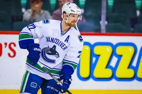 Feb 19, 2016; Calgary, Alberta, CAN; Vancouver Canucks left wing Daniel Sedin (22) skates during the warmup period against the Calgary Flames at Scotiabank Saddledome. Mandatory Credit: Sergei Belski-USA TODAY Sports