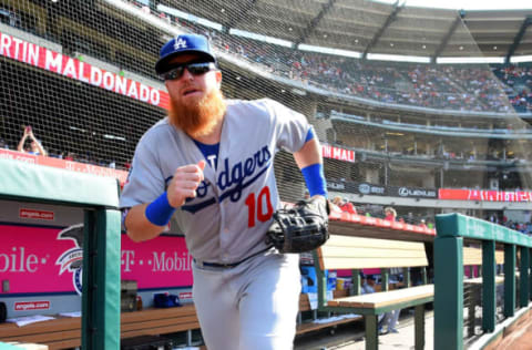 ANAHEIM, CA – JULY 08: Justin Turner #10 of the Los Angeles Dodgers runs on the field for the first inning of the game against the Los Angeles Angels of Anaheim at Angel Stadium on July 8, 2018 in Anaheim, California. (Photo by Jayne Kamin-Oncea/Getty Images)