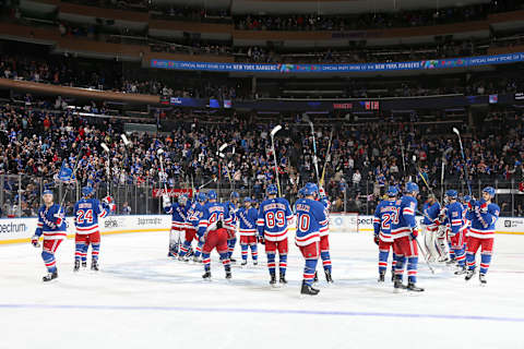 NEW YORK, NY – NOVEMBER 11: The New York Rangers salute the crowd after defeating the Edmonton Oilers 4-2 at Madison Square Garden on November 11, 2017 in New York City. (Photo by Jared Silber/NHLI via Getty Images)