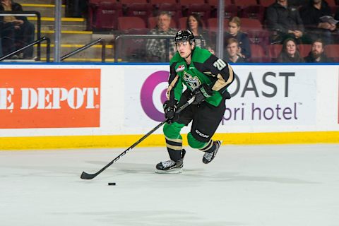 KELOWNA, BC – JANUARY 19: Brett Leason #20 of the Prince Albert Raiders skates with the puck against the Kelowna Rockets at Prospera Place on January 19, 2019 in Kelowna, Canada. (Photo by Marissa Baecker/Getty Images)