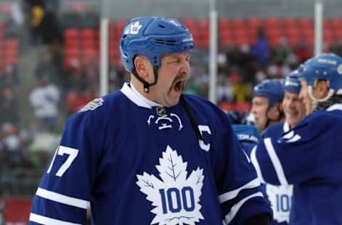 Dec 31, 2016; Toronto, ON, Canada; Toronto Maple Leafs forward Wendel Clark (17) yawns before the start of their game against the Detroit Red Wings during the 2017 Rogers NHL Centennial Classic Alumni Game at BMO Field. The Red Wings beat the Maple Leafs 4-3. Mandatory Credit: Tom Szczerbowski-USA TODAY Sports