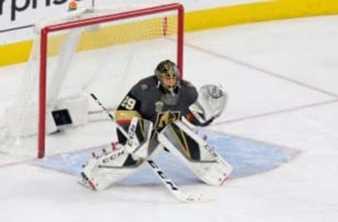 LAS VEGAS, NEVADA – MARCH 31: Vegas Golden Knights goaltender Marc-Andre Fleury (29) guards the goal during the first period of a regular season game between the San Jose Sharks and the Vegas Golden Knights Saturday, March 31, 2018, in Las Vegas, Nevada. (Photo by: Marc Sanchez/Icon Sportswire via Getty Images)