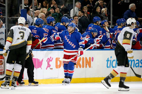 Brendan Lemieux #48 of the New York Rangers celebrates with teammates