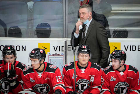 QUEBEC CITY, QC – OCTOBER 27: Patrick Roy, head coach of the Quebec Remparts, looks on during his team QMJHL hockey game against the Acadie-Bathurst Titan at the Videotron Center on October 27, 2021 in Quebec City, Quebec, Canada. (Photo by Mathieu Belanger/Getty Images)