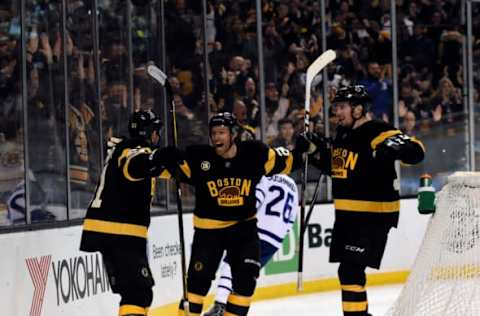 Vegas Golden Knights: Boston Bruins center Ryan Spooner (51) reacts with center Dominic Moore (28) and center Tim Schaller (59) after scoring a goal during the third period against the Toronto Maple Leafs at TD Garden. Mandatory Credit: Bob DeChiara-USA TODAY Sports