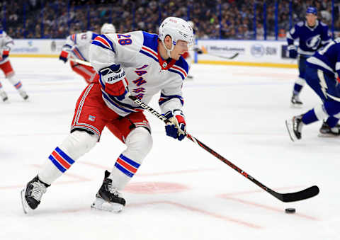 Lias Andersson #28 of the New York Rangers (Photo by Mike Ehrmann/Getty Images)