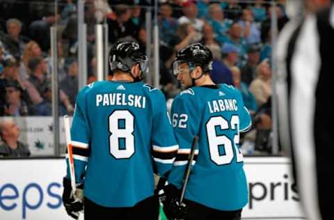 SAN JOSE, CA – MAY 2: Joe Pavelski #8 and Kevin Labanc #62 of the San Jose Sharks talk in Game Four of the Western Conference Second Round against the Vegas Golden Knights during the 2018 NHL Stanley Cup Playoffs at SAP Center on May 2, 2018 in San Jose, California. (Photo by Don Smith/NHLI via Getty Images) *** Local Caption *** Joe Pavelski;Kevin Labanc