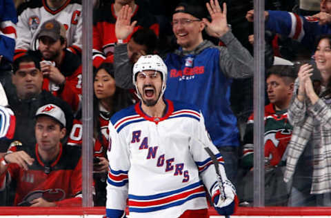 NEWARK, NEW JERSEY – APRIL 20: Chris Kreider #20 of the New York Rangers celebrates his second powerplay goal of the second period against the during Game Two in the First Round of the 2023 Stanley Cup Playoffs at the Prudential Center on April 20, 2023, in Newark, New Jersey. (Photo by Bruce Bennett/Getty Images)