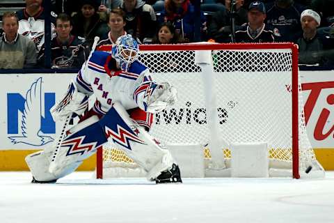 COLUMBUS, OH – DECEMBER 5: Alexandar Georgiev #40 of the New York Rangers deflects the puck wide of the net during the game against the Columbus Blue Jackets on December 5, 2019 at Nationwide Arena in Columbus, Ohio. New York defeated Columbus 3-2. (Photo by Kirk Irwin/Getty Images)