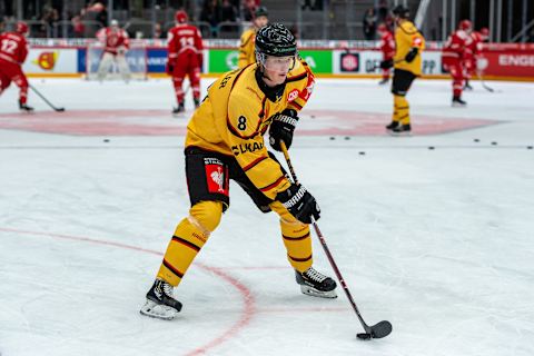 LAUSANNE, SWITZERLAND – DECEMBER 03: #8 Noel Gunler of Lulea HF warms up prior to the Champions Hockey League match between Lausanne HC and Lulea HF at Vaudoise Arena on December 3, 2019, in Lausanne, Switzerland. (Photo by RvS.Media/Monika Majer/Getty Images)