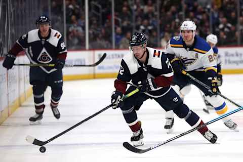 DENVER, COLORADO – JANUARY 02: Joonas Donskoi #72 of the Colorado Avalanche advances the puck against the St Louis Blues in the second period at the Pepsi Center on January 02, 2020 in Denver, Colorado. (Photo by Matthew Stockman/Getty Images)