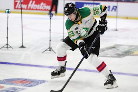 LANGLEY, BRITISH COLUMBIA – JANUARY 24: Defenceman Oliver Bonk #59 of the London Knights skates for Team White during the 2023 Kubota CHL Top Prospects Game Practice at the Langley Events Centre on January 24, 2023 in Langley, British Columbia. (Photo by Dennis Pajot/Getty Images)