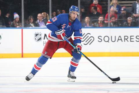 NEW YORK, NY – OCTOBER 23: Kevin Hayes #13 of the New York Rangers skates with the puck against the Florida Panthers at Madison Square Garden on October 23, 2018 in New York City. The New York Rangers won 5-2. (Photo by Jared Silber/NHLI via Getty Images)