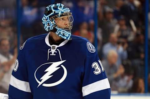 Apr 15, 2016; Tampa, FL, USA; Tampa Bay Lightning goalie Ben Bishop (30) against the Detroit Red Wings during the second period of the game two of the first round of the 2016 Stanley Cup Playoffs at Amalie Arena. Mandatory Credit: Kim Klement-USA TODAY Sports