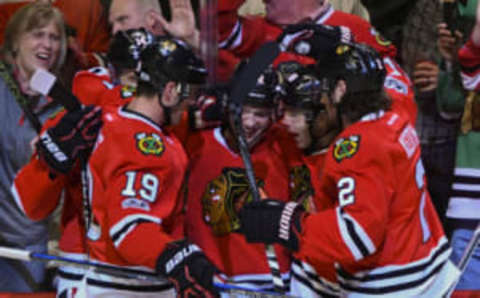 Chicago Blackhawks left wing Artemi Panarin (second from left) celebrates after he scored a goal (Matt Marton-USA TODAY Sports)