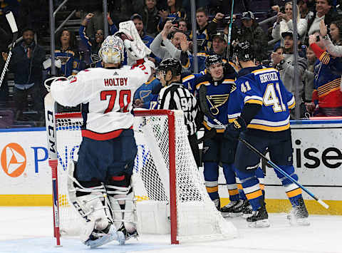 ST. LOUIS, MO. – JANUARY 03: Blues players celebrate after scoring in the first period during an NHL game between the Washington Capitals and the St. Louis Blues on January 03, 2019, at Enterprise Center, St. Louis, MO. (Photo by Keith Gillett/Icon Sportswire via Getty Images)