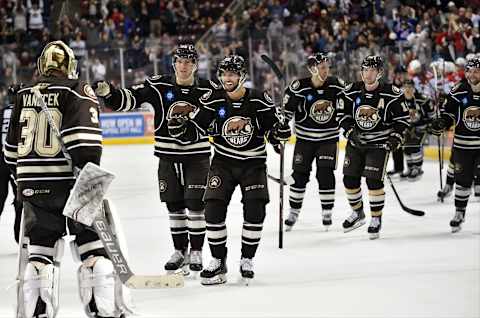 HERSHEY, PA – FEBRUARY 09: Hershey Bears right wing Beck Malenstyn (13) and left wing Shane Gersich (10) lead the team onto the ice to congratulate goalie Vitek Vanecek (30) after stopping all five shooters during the shootout after the Charlotte Checkers vs. Hershey Bears AHL game February 9, 2019 at the Giant Center in Hershey, PA. (Photo by Randy Litzinger/Icon Sportswire via Getty Images)