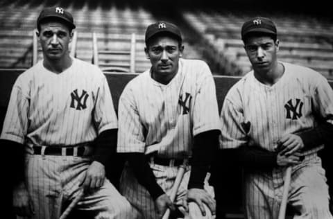 1936: Left to Right are Frank Crosetti, Tony Lazzeri, and Joe DiMaggio of the New York Yankees, circa (Photo by The Stanley Weston Archive/Getty Images)