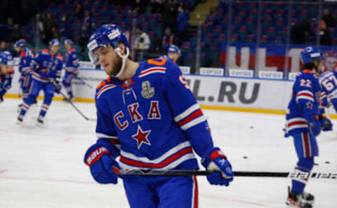 SAINT PETERSBURG, RUSSIA – 2022/03/18: SKA Hockey Club player, Alexander Volkov (No.92) seen in action during the Kontinental Hockey League, Gagarin Cup, KHL 2021/22 between SKA Saint Petersburg and Spartak Moscow at the Ice Sports Palace.(Final score; SKA Saint Petersburg 1:6 Spartak Moscow). (Photo by Maksim Konstantinov/SOPA Images/LightRocket via Getty Images)