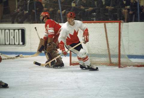 Canadian professional hockey player Paul Henderson (#19), left wing for Team Canada, in front of the Soviet goal during a game from the Summit Series, 1972. Henderson would make the series-winning goal with 34 seconds remaining in the final game. (Photo by Melchior DiGiacomo/Getty Images)