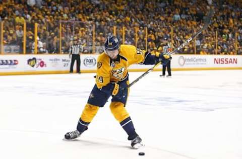 May 9, 2016; Nashville, TN, USA; Nashville Predators defenseman Roman Josi (59) against the San Jose Sharks in game six of the second round of the 2016 Stanley Cup Playoffs at Bridgestone Arena. The Predators won 4-3. Mandatory Credit: Aaron Doster-USA TODAY Sports