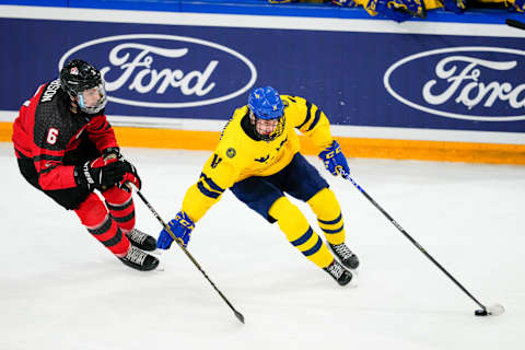 BASEL, SWITZERLAND – APRIL 29: Andrew Gibson of Canada (L) trying to stop Felix Unger Sorum of Sweden (R)