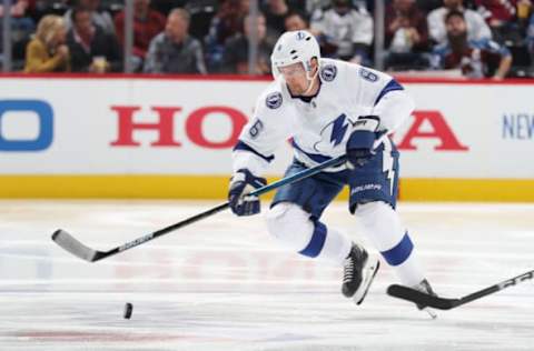 DENVER, CO – OCTOBER 24: Anton Stralman #6 of the Tampa Bay Lightning shoots against the Colorado Avalanche at the Pepsi Center on October 24, 2018 in Denver, Colorado. The Lightning defeated the Avalanche 1-0. (Photo by Michael Martin/NHLI via Getty Images)