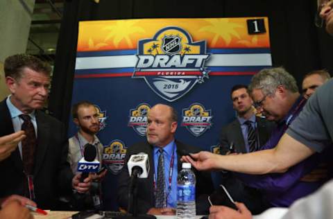 SUNRISE, FL – JUNE 27: Mark Hunter of the Toronto Maple Leafs speaks with the media following the 2015 NHL Draft at BB&T Center on June 27, 2015 in Sunrise, Florida. (Photo by Bruce Bennett/Getty Images)