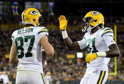 GREEN BAY, WI – SEPTEMBER 28: Jordy Nelson #87 and Geronimo Allison #81 of the Green Bay Packers celebrate after Nelson scored a touchdown in the third quarter against the Chicago Bears at Lambeau Field on September 28, 2017 in Green Bay, Wisconsin. (Photo by Stacy Revere/Getty Images)