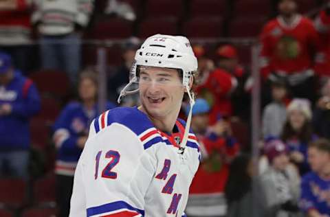 CHICAGO, ILLINOIS – FEBRUARY 19: Julien Gauthier #12 of the New York Rangers participates in warm-ups before a game against the Chicago Blackhawks at the United Center on February 19, 2020, in Chicago, Illinois. (Photo by Jonathan Daniel/Getty Images)