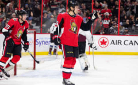 OTTAWA, ON – JANUARY 16: Ottawa Senators Left Wing Ryan Dzingel (18) celebrates a goal during second period National Hockey League action between the Colorado Avalanche and Ottawa Senators on January 16, 2019, at Canadian Tire Centre in Ottawa, ON, Canada. (Photo by Richard A. Whittaker/Icon Sportswire via Getty Images)