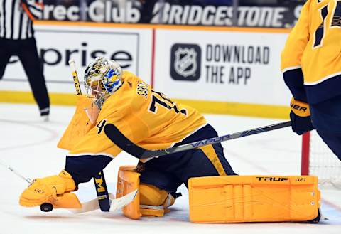 Nashville Predators goaltender Juuse Saros (74) . Mandatory Credit: Christopher Hanewinckel-USA TODAY Sports