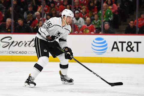 Dec. 3, 2017; Chicago, IL, USA; Los Angeles Kings defenseman Kurtis MacDermid (56) controls the puck against the Chicago Blackhawks during a game at the United Center. Mandatory Credit: Patrick Gorski-USA TODAY Sports