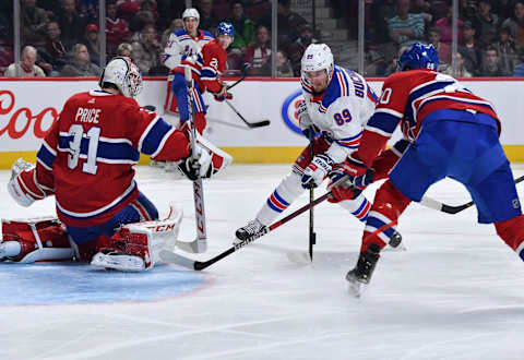 MONTREAL, QC – NOVEMBER 23: Pavel Buchnevich #89 of the New York Rangers tries to score on goaltender Carey Price #31 of the Montreal Canadiens in the NHL game at the Bell Centre on November 23, 2019 in Montreal, Quebec, Canada. (Photo by Francois Lacasse/NHLI via Getty Images)