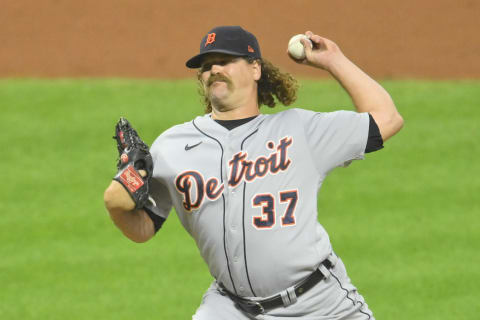 Aug 17, 2022; Cleveland, Ohio, USA; Detroit Tigers relief pitcher Andrew Chafin (37) delivers a pitch in the eighth inning against the Cleveland Guardians at Progressive Field. Mandatory Credit: David Richard-USA TODAY Sports