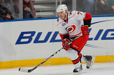 SUNRISE, FL – JANUARY 07: Ian White #7 of the Carolina Hurricanes skates with the puck against the Florida Panthers on January 7, 2011 at the BankAtlantic Center in Sunrise, Florida. The Hurricanes defeated the Panthers 5-3. (Photo by Joel Auerbach/Getty Images)