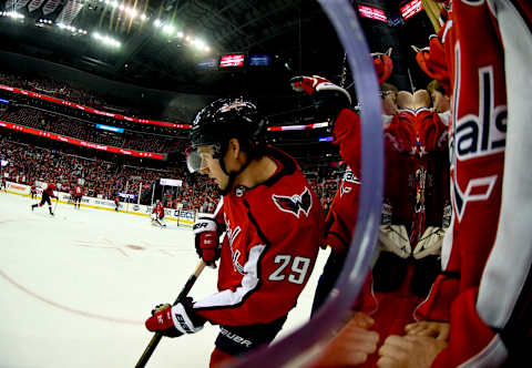 WASHINGTON, DC – APRIL 11: Washington Capitals defenseman Christian Djoos (29) warms up for the game against the Carolina Hurricanes on April 11, 2019, at the Capital One Arena in Washington, D.C. in the first round of the Stanley Cup Playoffs. (Photo by Mark Goldman/Icon Sportswire via Getty Images)