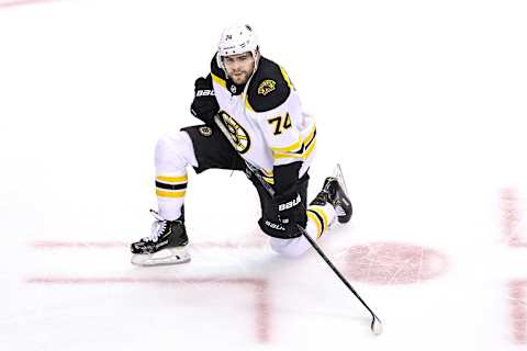 Jake DeBrusk #74 of the Boston Bruins. (Photo by Elsa/Getty Images)