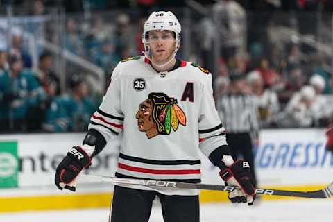 Apr 23, 2022; San Jose, California, USA; Chicago Blackhawks right wing Patrick Kane (88) during the third period against the San Jose Sharks at SAP Center at San Jose. Mandatory Credit: Stan Szeto-USA TODAY Sports