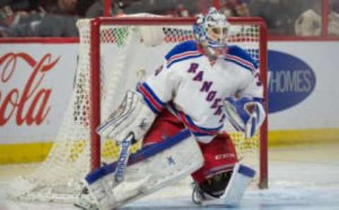 Mar 26, 2015; Ottawa, Ontario, CAN; New York Rangers goalie Cam Talbot prior to the start of the second period against the Ottawa Senators at the Canadian Tire Centre. The Rangers defeated the Senators 5-1. Mandatory Credit: Marc DesRosiers-USA TODAY Sports